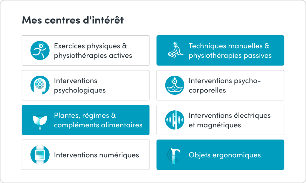 Les différentes catégories des approches non médicamenteuses dans Kalya Pro (exercices physiques, interventions psychologiques, plantes, régimes, compléments alimentaires, etc) 